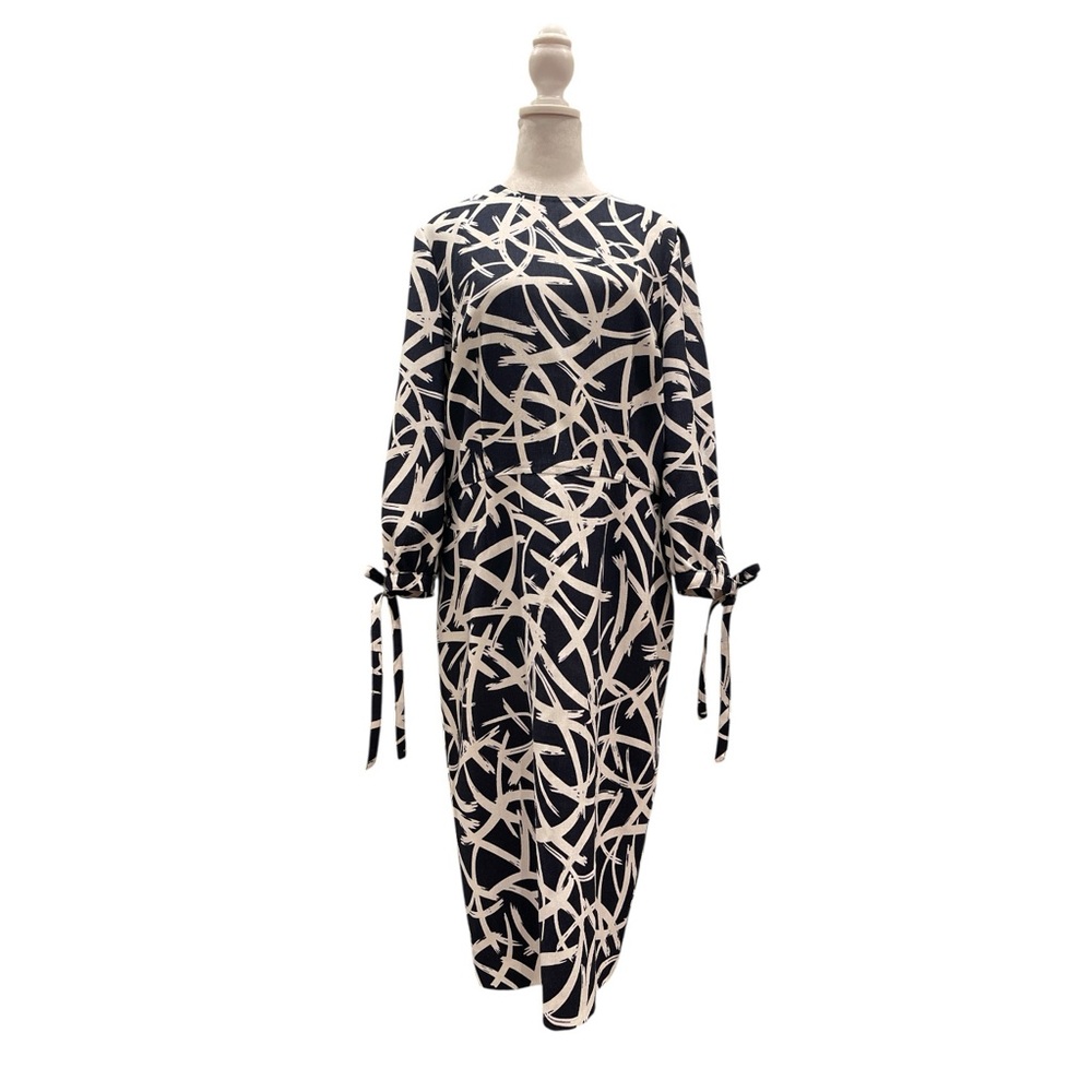 Navy Abstract Midi Dress M Office Chic Parisian Minimalist - Picture 3 of 8